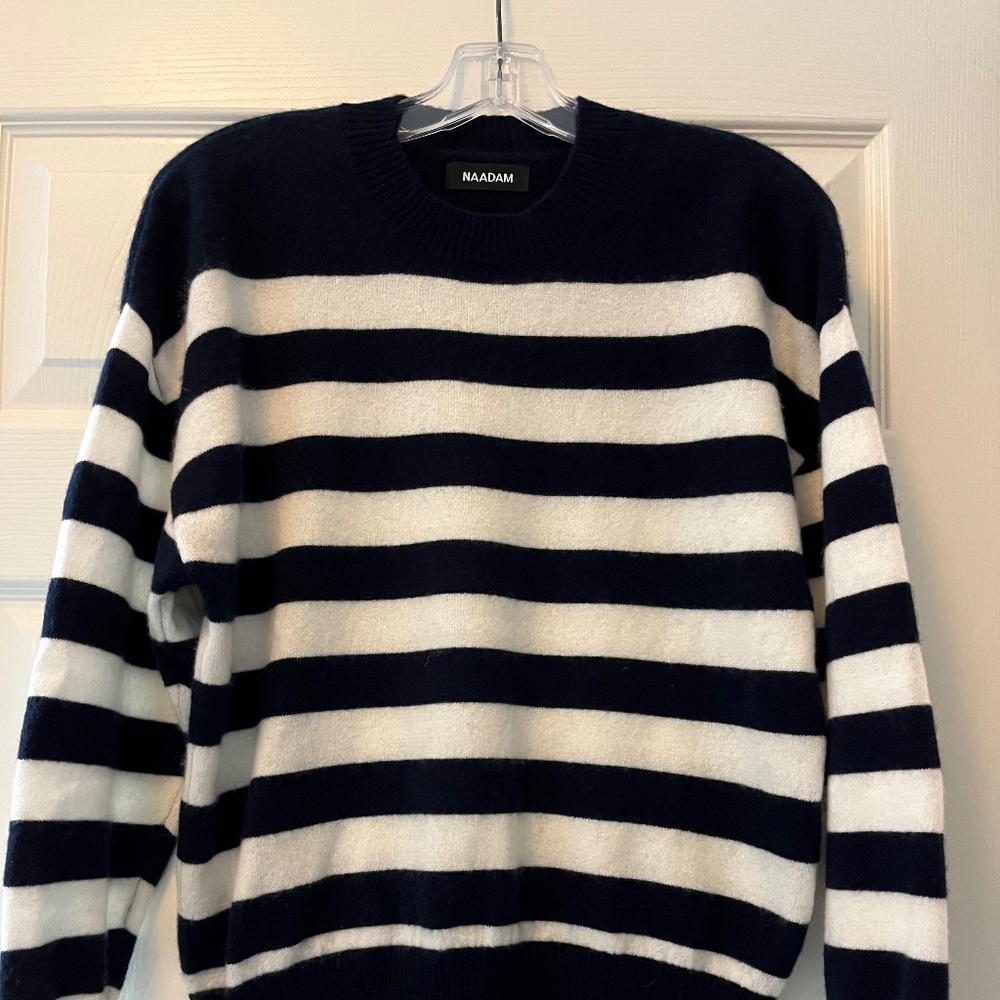 Naadam Signature Cashmere Striped Crewneck, Size XS, Dark Navy/ Ivory